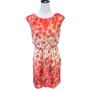 Eliza J Pink Orange & Tan Watercolor Dress Faux Wrap Elasticized Waist (4) EUC